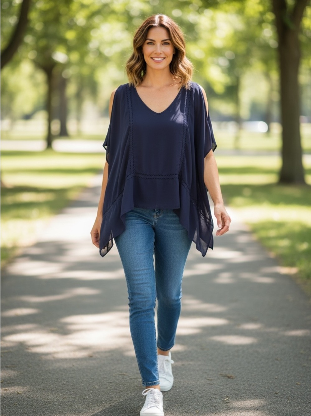 Francesca's Collections Navy V-Neck Cold-Shoulder Poncho Top